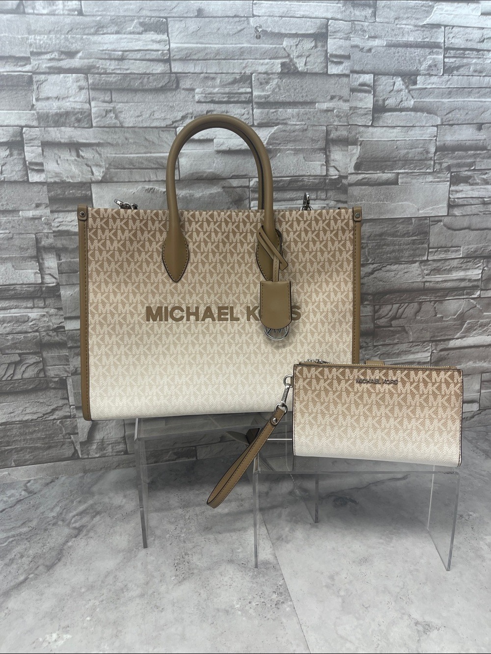 Michael Kors Mirella Medium Satchel Ombre Gradient Logo & Matching Wallet Camel